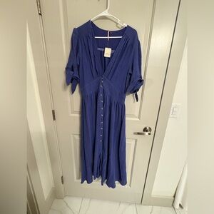Free People Dress Blue Gauze Button Down V Neck Tie Sleeve Midi NWT size L